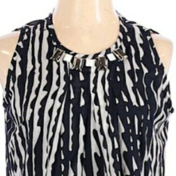 St. John SoCa Cotton Sleeveless Pleated Jewel Neck Tie Back Striped Navy Sz S - Picture 4 of 11